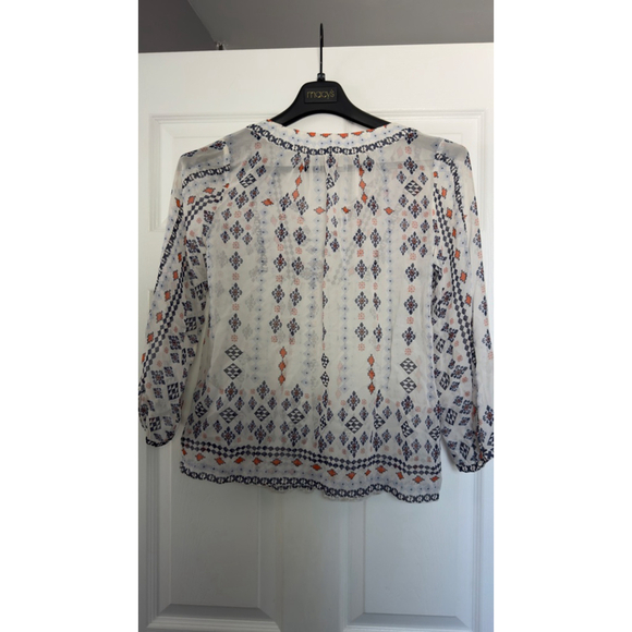 Women's Joie White Navy Orange Patterned Silk Blouse XS - Picture 4 of 6